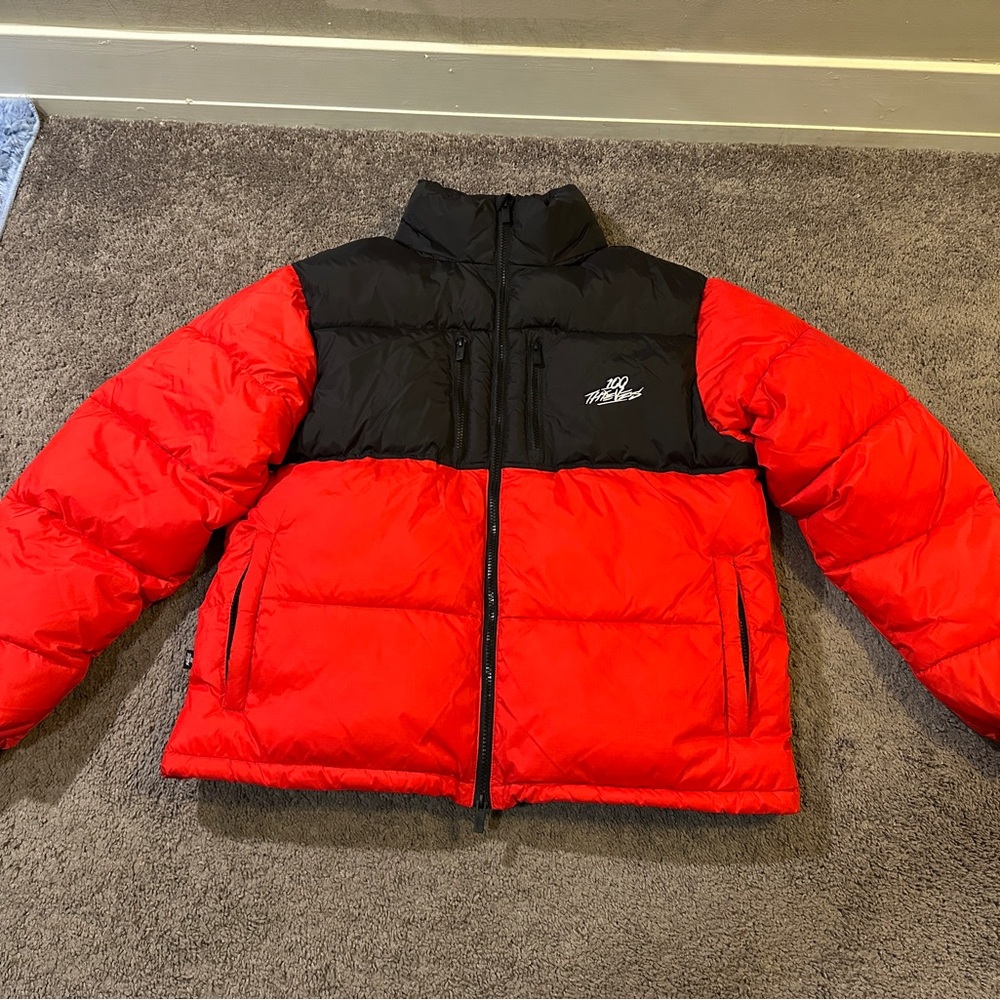 100 Thieves FW22 Puffer Jacket Red Black Mens Size Medium - Pristine!